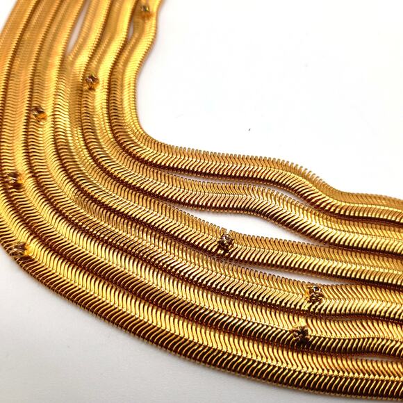 Snake Chain 6 Strand Necklace, Rhinestone Accents, Gold Tone, 17" - Picture 5 of 11